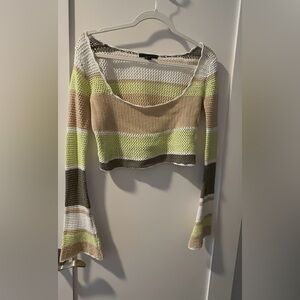Forever 21 Off-the-Shoulder Striped Sweater - Green, White, Tan